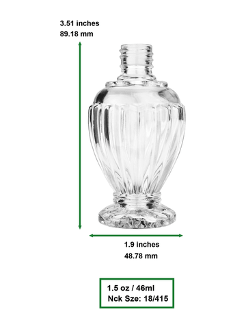 Diva design 46 ml, 1.64oz  clear glass bottle  with black vintage style bulb sprayer with shiny silver collar cap.