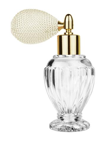 Diva design 46 ml, 1.64oz  clear glass bottle with ivory vintage style bulb sprayer with shiny gold collar cap.