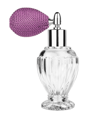 Diva design 46 ml, 1.64oz  clear glass bottle with lavender vintage style bulb sprayer with shiny silver collar cap.