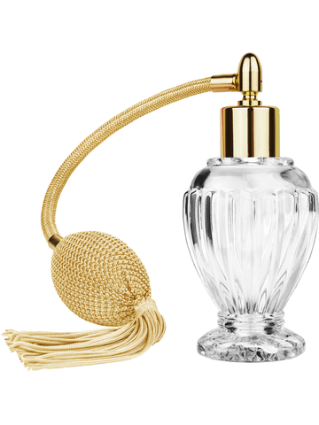 Diva design 46 ml, 1.64oz  clear glass bottle  with gold vintage style bulb sprayer with tassel with shiny gold collar cap.