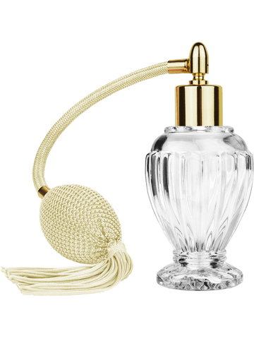 Diva design 46 ml, 1.64oz  clear glass bottle  with ivory vintage style bulb sprayer with tassel with shiny gold collar cap.