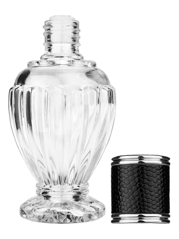 Diva design 46 ml, 1.64oz  clear glass bottle  with reducer and black faux leather cap.