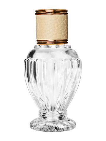 Diva design 46 ml, 1.64oz  clear glass bottle  with reducer and ivory faux leather cap.