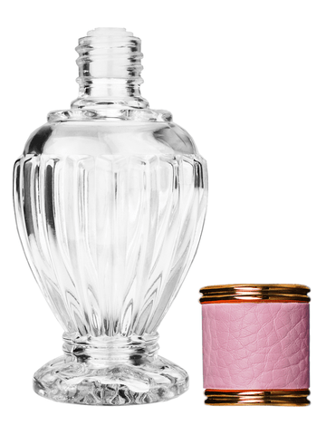 Diva design 46 ml, 1.64oz  clear glass bottle  with reducer and pink faux leather cap.