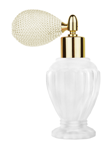 Diva design 46 ml, 1.64oz frosted glass bottle with ivory vintage style bulb sprayer with shiny gold collar cap.