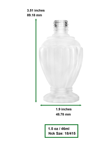 Diva design 46 ml, 1.64oz frosted glass bottle with ivory vintage style bulb sprayer with shiny silver collar cap.