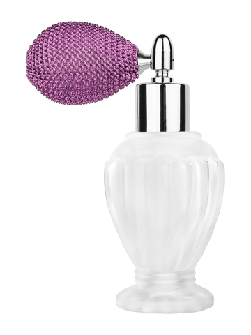 Diva design 46 ml, 1.64oz frosted glass bottle with lavender vintage style bulb sprayer with shiny silver collar cap.