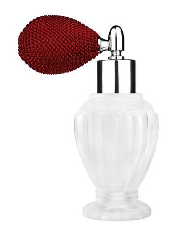 Diva design 46 ml, 1.64oz frosted glass bottle with red vintage style bulb sprayer with shiny silver collar cap.