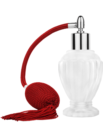 Diva design 46 ml, 1.64oz frosted glass bottle with Red vintage style bulb sprayer with tassel with shiny silver collar cap.