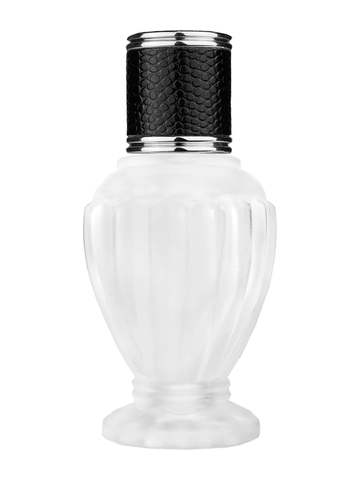 Diva design 46 ml, 1.64oz frosted glass bottle with reducer and black faux leather cap.