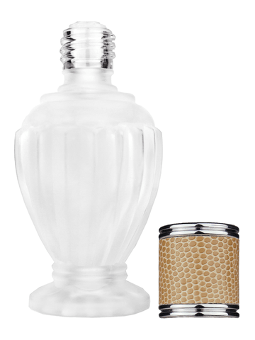 Diva design 46 ml, 1.64oz frosted glass bottle with reducer and light brown faux leather cap.