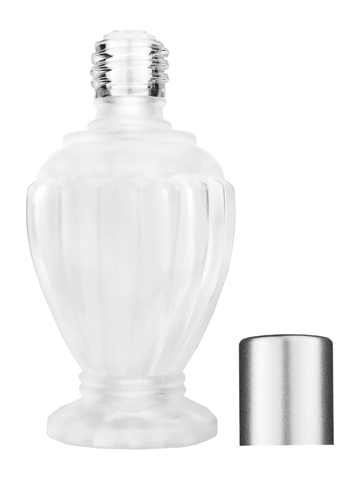 Diva design 46 ml, 1.64oz frosted glass bottle with reducer and tall silver matte cap.