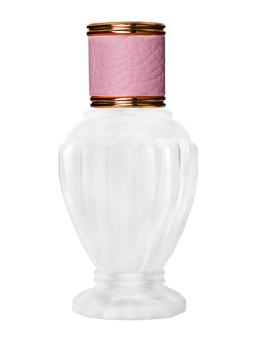 Diva design 46 ml, 1.64oz frosted glass bottle with reducer and pink faux leather cap.