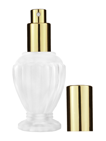 Diva design 46 ml, 1.64oz frosted glass bottle with shiny gold spray pump.