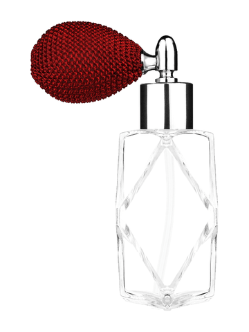 Diamond design 60ml, 2 ounce  clear glass bottle  with red vintage style bulb sprayer with shiny silver collar cap.