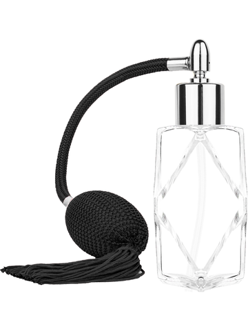 Diamond design 60ml, 2 ounce  clear glass bottle  with Black vintage style bulb sprayer with tassel with shiny silver collar cap.