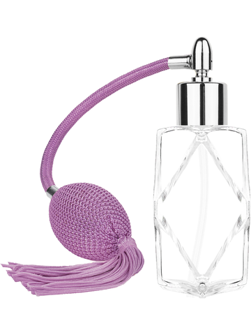 Diamond design 60ml, 2 ounce  clear glass bottle  with Lavender vintage style bulb sprayer with tassel with shiny silver collar cap.