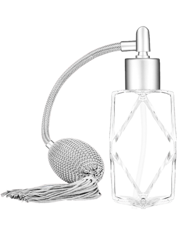 Diamond design 60ml, 2 ounce  clear glass bottle  with Silver vintage style bulb sprayer with tassel with matte silver collar cap.