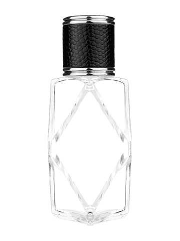 Diamond design 60ml, 2 ounce  clear glass bottle  with reducer and black faux leather cap.