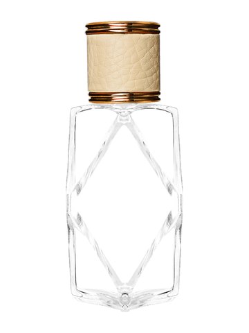 Diamond design 60ml, 2 ounce  clear glass bottle  with reducer and ivory faux leather cap.