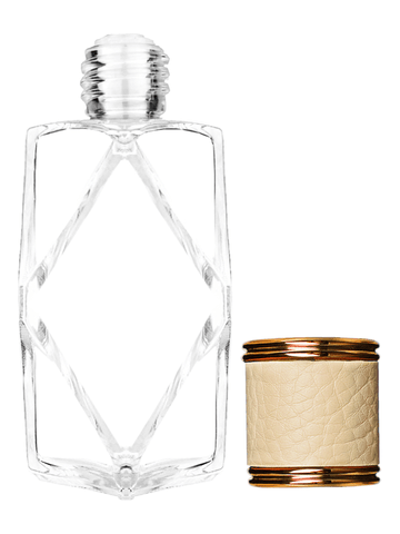 Diamond design 60ml, 2 ounce  clear glass bottle  with reducer and ivory faux leather cap.