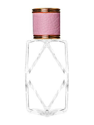 Diamond design 60ml, 2 ounce  clear glass bottle  with reducer and pink faux leather cap.