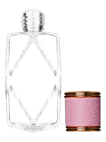 Diamond design 60ml, 2 ounce  clear glass bottle  with reducer and pink faux leather cap.