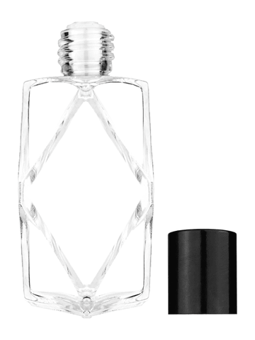 Diamond design 60ml, 2 ounce  clear glass bottle  with reducer and tall black shiny cap.