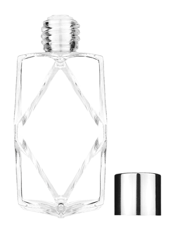 Diamond design 60ml, 2 ounce  clear glass bottle  with reducer and shiny silver cap.