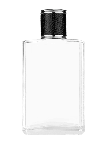 Elegant design 100 ml, 3 1/2oz  clear glass bottle  with reducer and black faux leather cap.