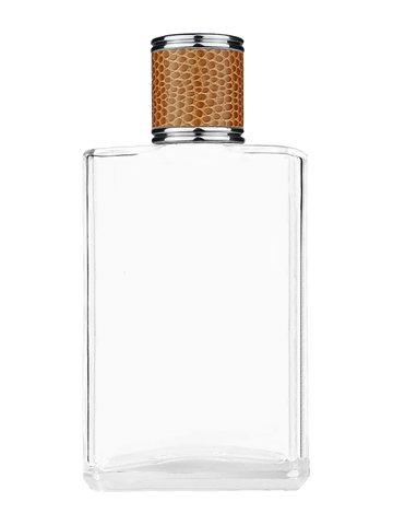 Elegant design 100 ml, 3 1/2oz  clear glass bottle  with reducer and brown faux leather cap.