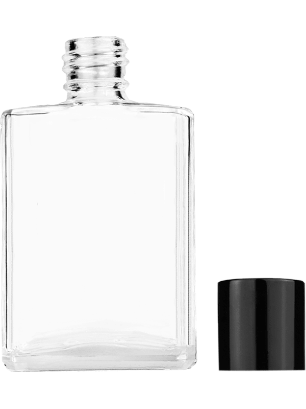 Empty Clear glass bottle with short shiny black cap capacity: 15ml, 1/2oz. For use with perfume or fragrance oil, essential oils, aromatic oils and aromatherapy.