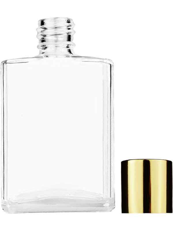 Empty Clear glass bottle with short shiny gold cap capacity: 15ml, 1/2oz. For use with perfume or fragrance oil, essential oils, aromatic oils and aromatherapy.