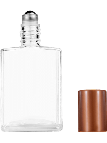 Elegant design 15ml, 1/2oz Clear glass bottle with metal roller ball plug and matte copper cap.