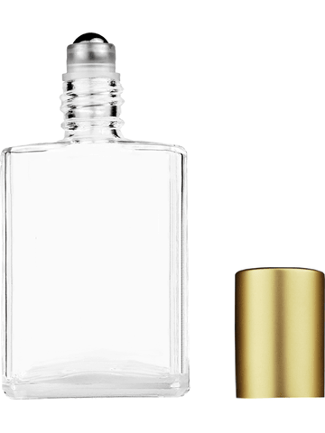 Elegant design 15ml, 1/2oz Clear glass bottle with metal roller ball plug and matte gold cap.