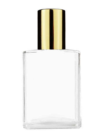 Elegant design 15ml, 1/2oz Clear glass bottle with metal roller ball plug and shiny gold cap.