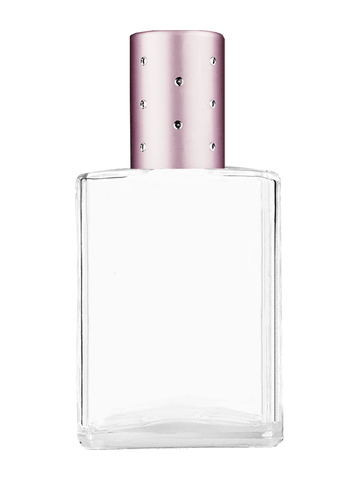 Elegant design 15ml, 1/2oz Clear glass bottle with metal roller ball plug and pink cap with dots.