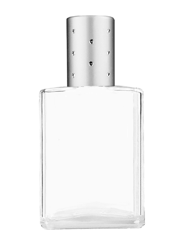 Elegant design 15ml, 1/2oz Clear glass bottle with metal roller ball plug and silver cap with dots.