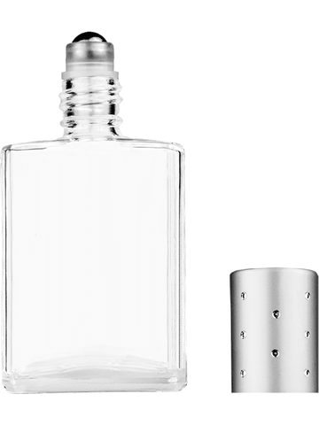 Elegant design 15ml, 1/2oz Clear glass bottle with metal roller ball plug and silver cap with dots.