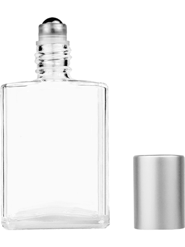 Elegant design 15ml, 1/2oz Clear glass bottle with metal roller ball plug and matte silver cap.