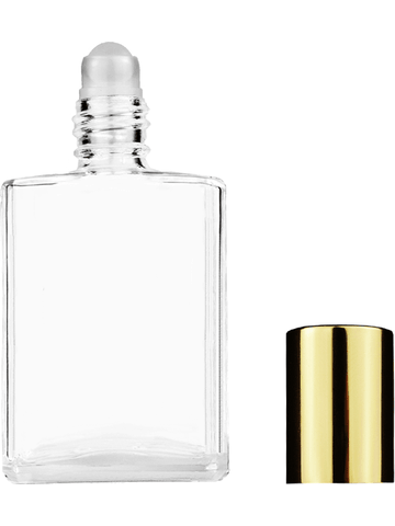 Elegant design 15ml, 1/2oz Clear glass bottle with plastic roller ball plug and shiny gold cap.