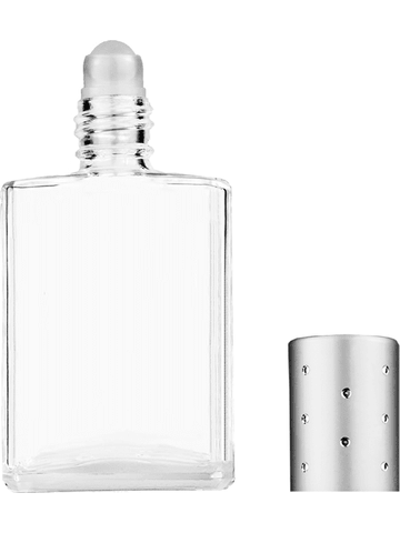 Elegant design 15ml, 1/2oz Clear glass bottle with plastic roller ball plug and silver cap with dots.