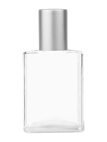 Elegant design 15ml, 1/2oz Clear glass bottle with plastic roller ball plug and matte silver cap.