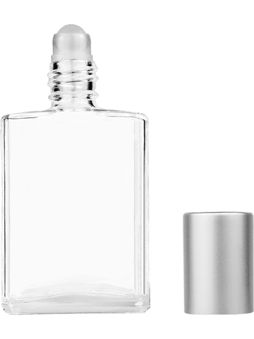 Elegant design 15ml, 1/2oz Clear glass bottle with plastic roller ball plug and matte silver cap.