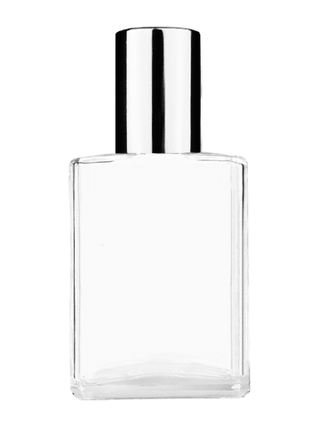 Elegant design 15ml, 1/2oz Clear glass bottle with plastic roller ball plug and shiny silver cap.