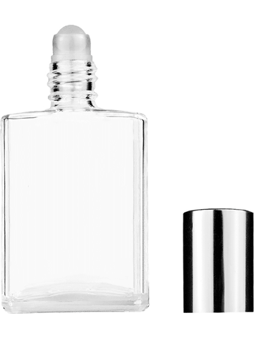 Elegant design 15ml, 1/2oz Clear glass bottle with plastic roller ball plug and shiny silver cap.