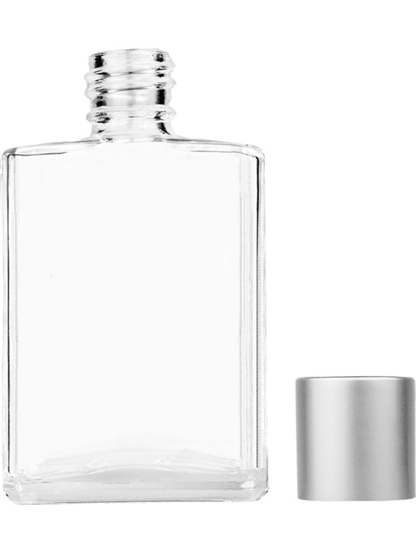 Empty Clear glass bottle with short matte silver cap capacity: 15ml, 1/2oz. For use with perfume or fragrance oil, essential oils, aromatic oils and aromatherapy.