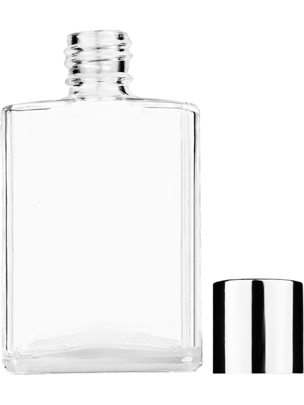 Empty Clear glass bottle with short shiny silver cap capacity: 15ml, 1/2oz. For use with perfume or fragrance oil, essential oils, aromatic oils and aromatherapy.