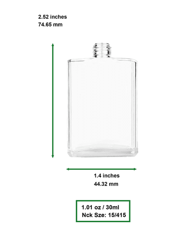 Elegant design 30 ml, clear glass bottle with shiny silver and cap.