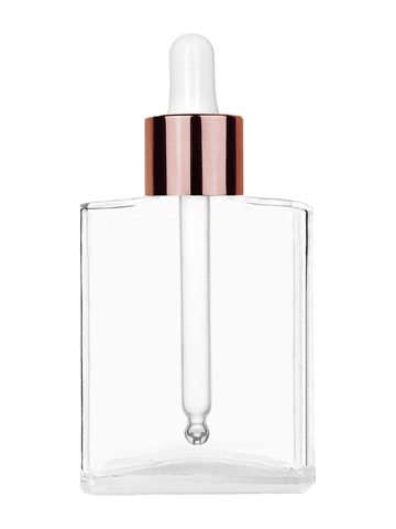 Elegant design 60 ml, 2oz  clear glass bottle  with white dropper with shiny copper collar cap.